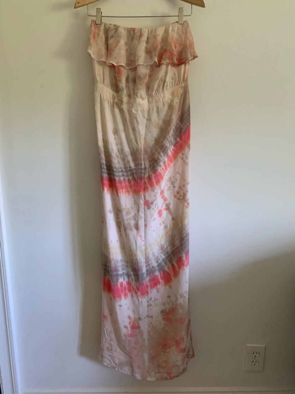 Gypsy 05 Silk Tie Dye Ruffle Strapless Tube Maxi Dress, Small, Cream Pink Gray